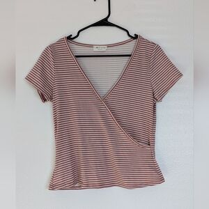 Dusty Pink Striped V-Neck Short Sleeve Tee Size Women's Large